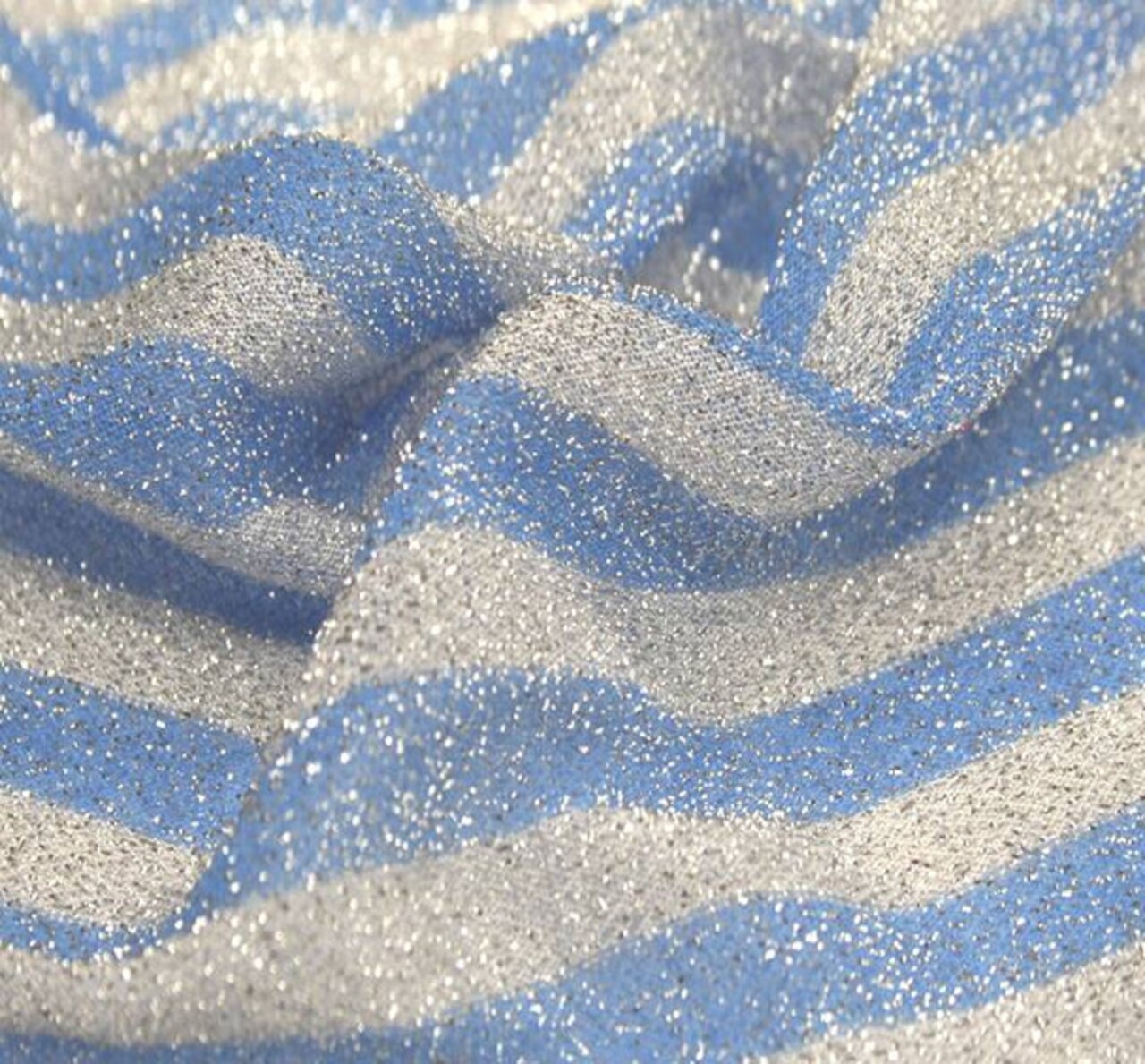 1 Yard White/Blue Glitter American Knit Fabric 58/60" Wide Lightweight 73% Nylon 27% Polyester Stretch Fabric